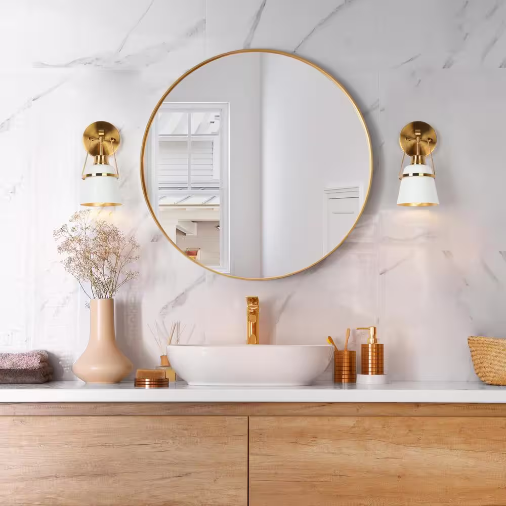 Uolfin Modern Dome Bedroom Wall Sconce Light 1-Light White and Gold Funnel Bathroom Wall Sconce Light with Metal Shade