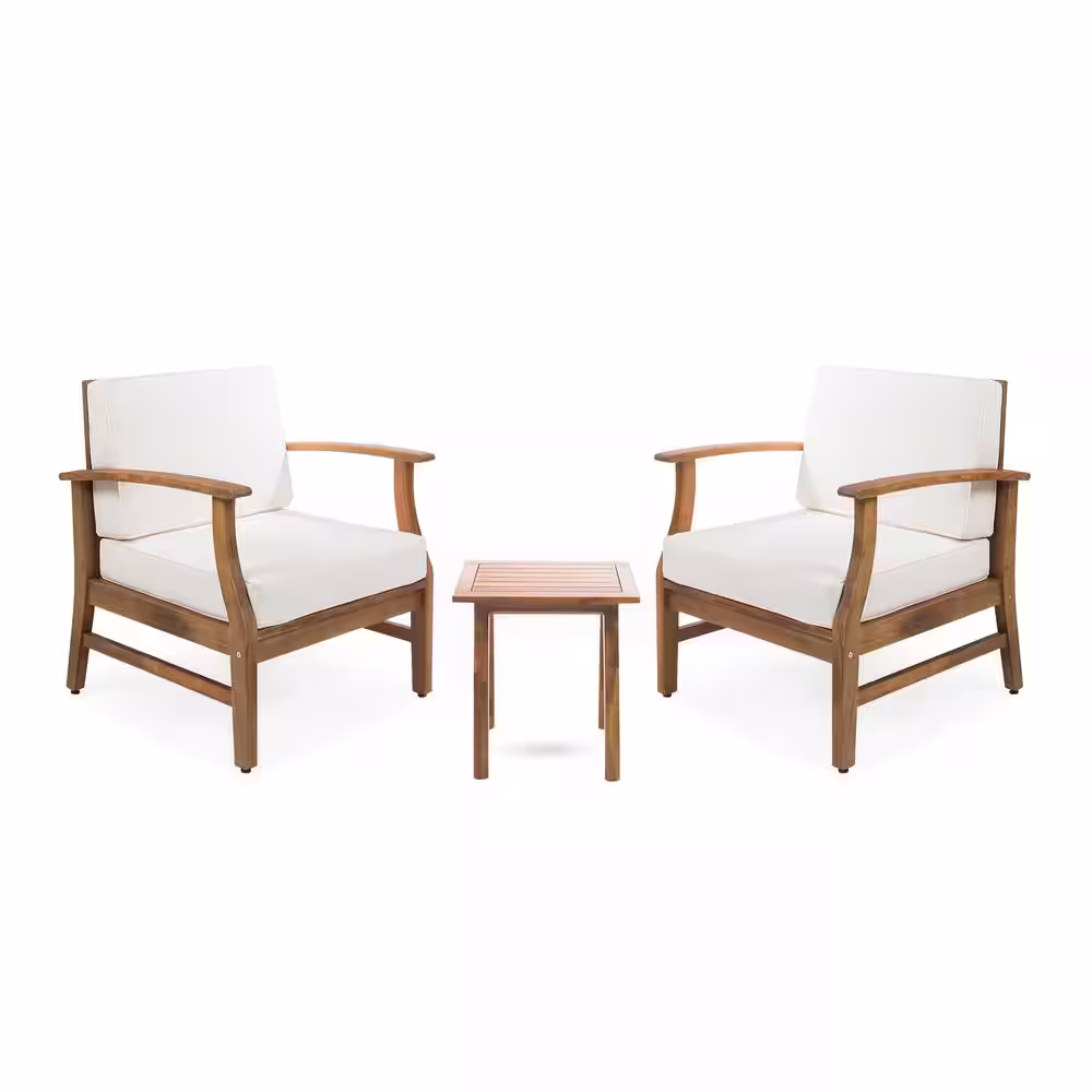 Noble House Perla Teak Brown 3-Piece Wood Patio Conversation Seating Set with Cream Cushions