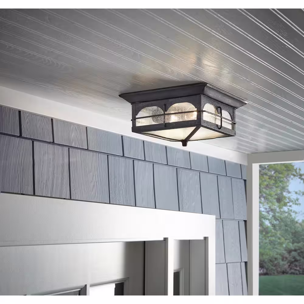Home Decorators Collection Brimfield 11 in. 2 Light Aged Iron Outdoor Weather Resistant Flush Mount Ceiling Light with Clear Seedy Glass Shade