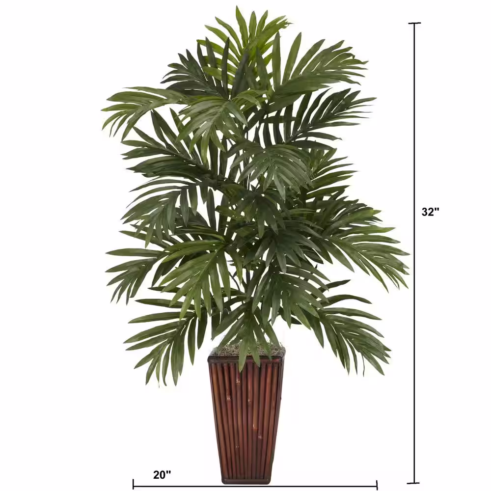Nearly Natural Indoor 32 in. Artificial H Green Areca Palm with Bamboo Vase Silk Plant