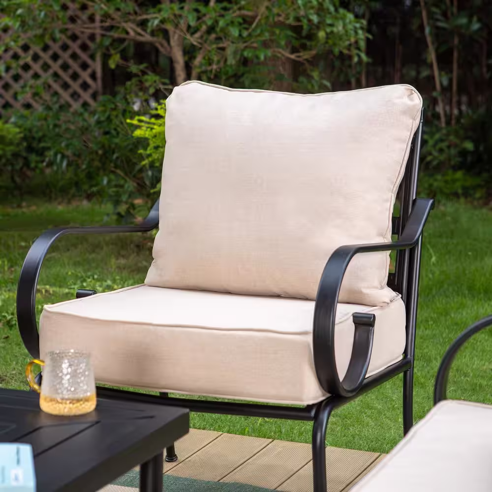 None 7 Seat 5-Piece Steel Black Metal Outdoor Patio Conversation Set with Beige Cushions, Table with Stripe-Shaped Top