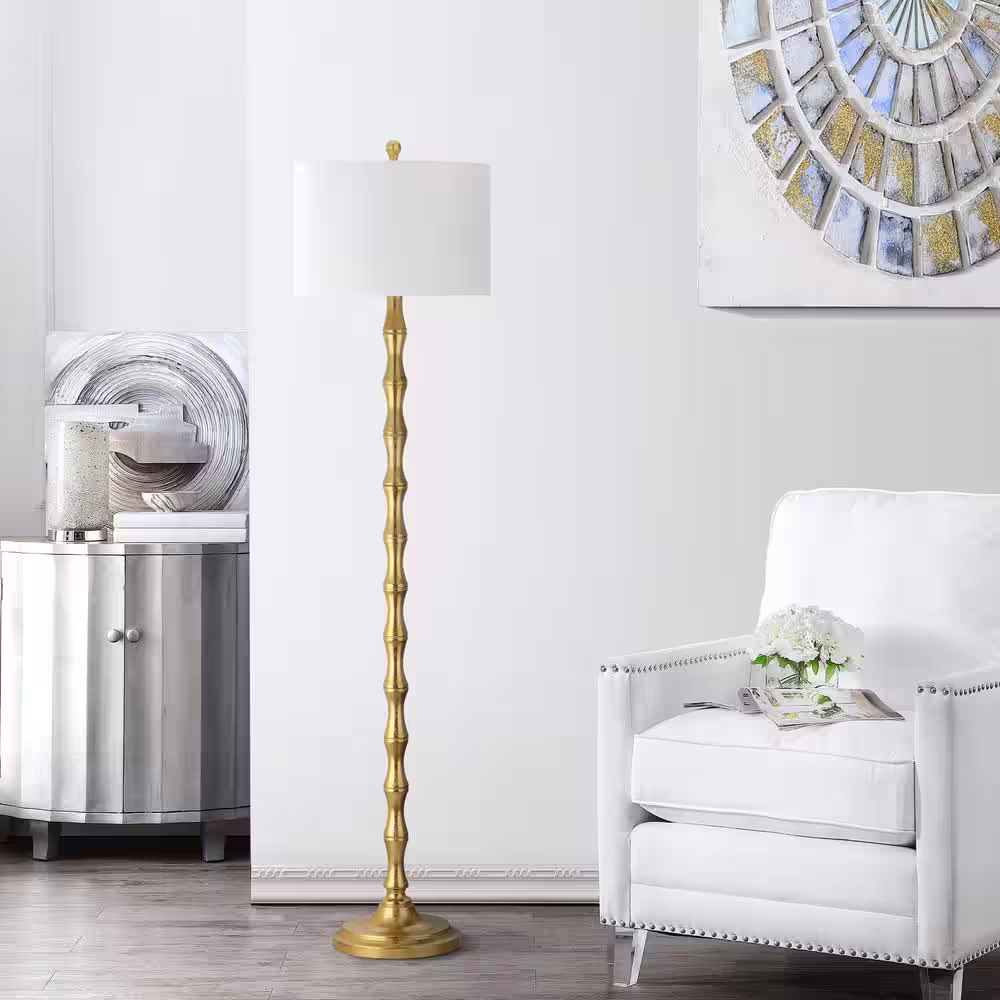 SAFAVIEH Aurelia 63.5 in. Antique Gold Curved Floor Lamp with Off-White Shade