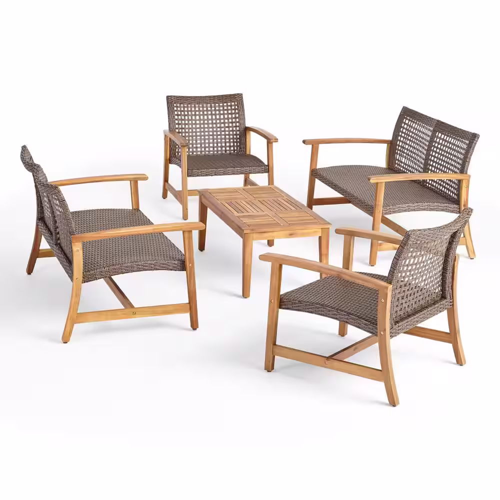 Noble House Hampton Mixed Mocha 5-Piece Wood and Faux Rattan Patio Conversation Set