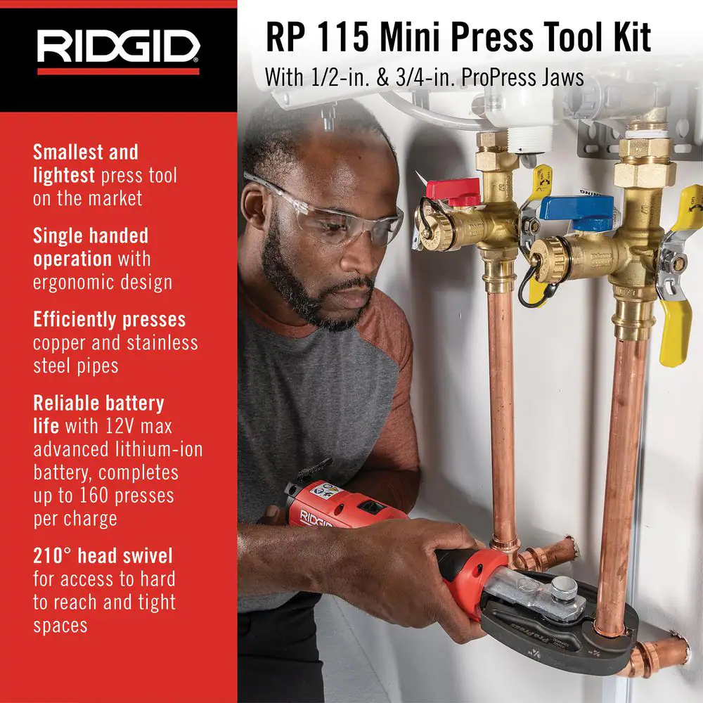 RIDGID RP 115 Mini Press Tool Kit for 1/2 in. - 3/4 in. Copper & Stainless Fittings with 12V Li-Ion Battery (Includes 6 Items)