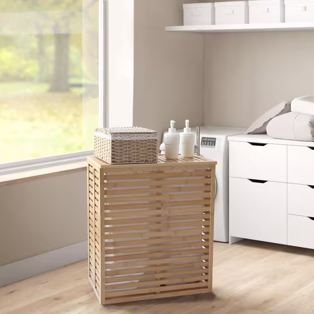 VEIKOUS Bamboo Laundry Hamper with Lid and 2 Removable Liner Bags