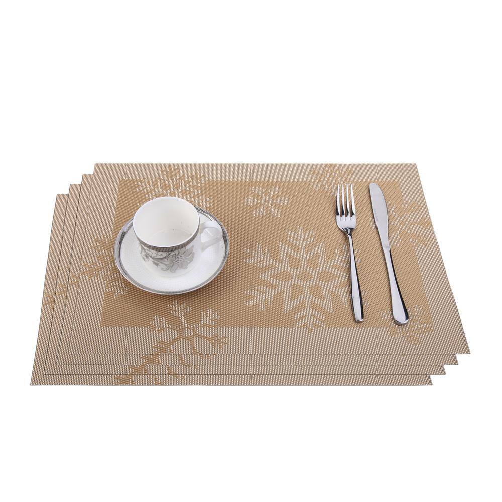 J&V TEXTILES Golden Snowflakes Jacquard 12 in. x 18 in. PVC Fiber Woven Non-Slip Washable Placemat (Set of 4)