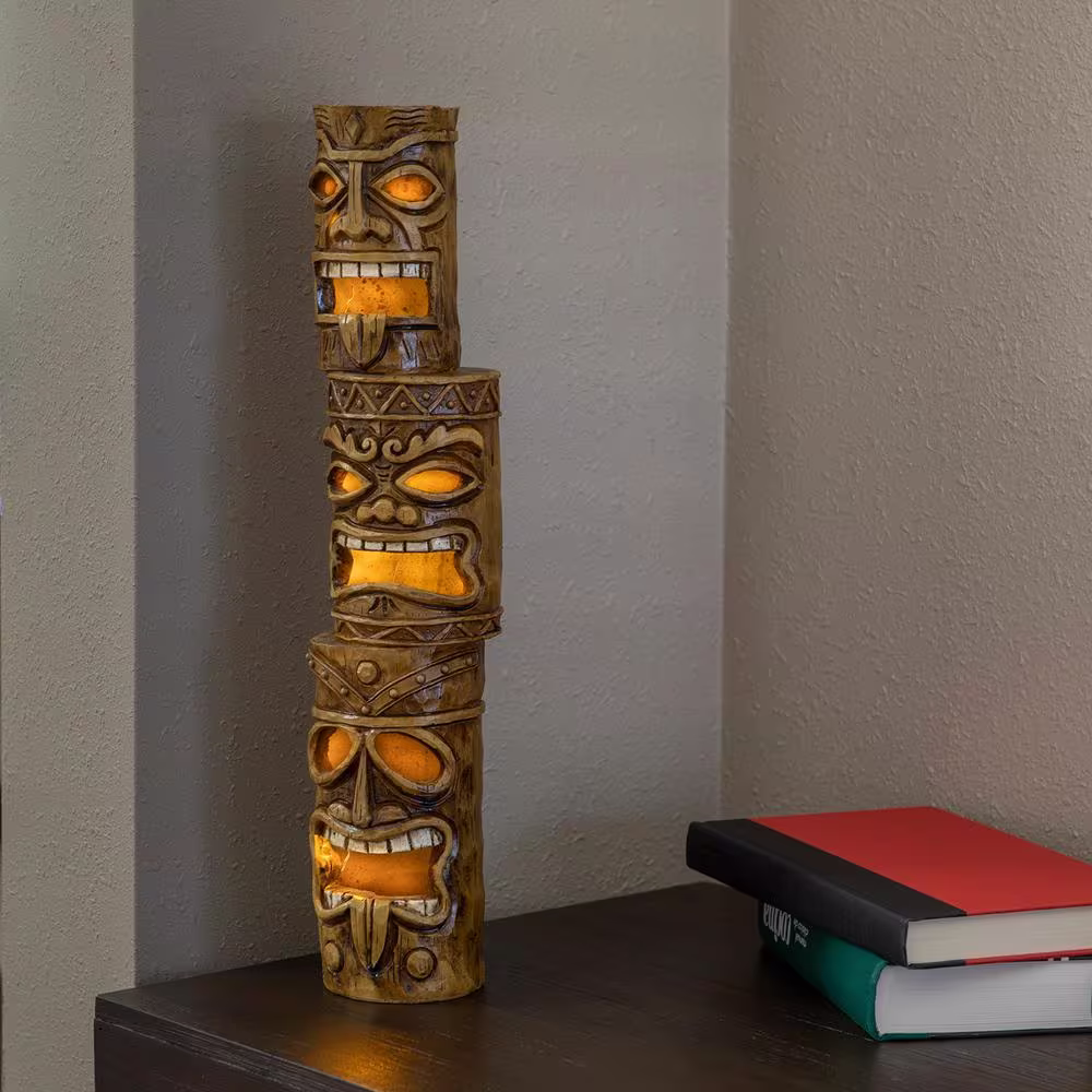 Alpine Corporation 19 in. Tall Outdoor 3-Tier Tiki Totem Statue with Solar LED Lights Yard Decoration