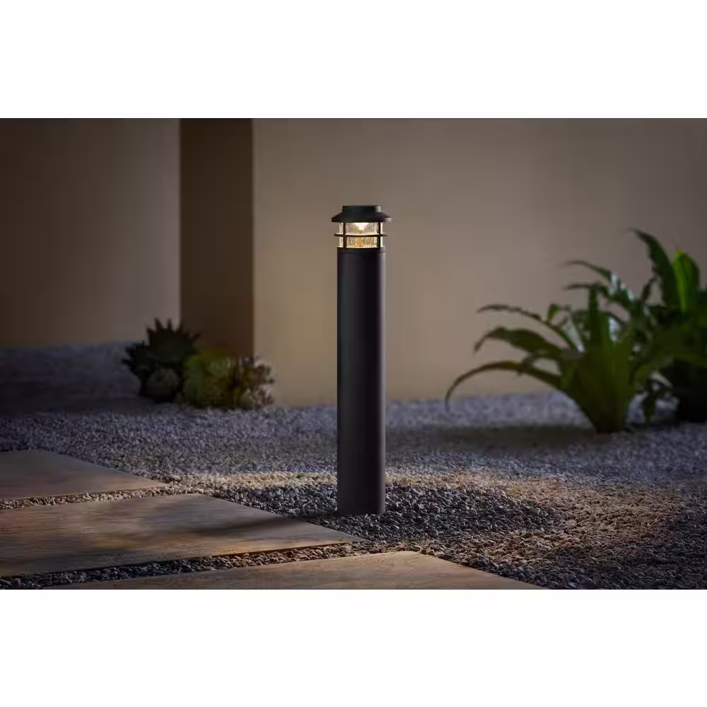 Hampton Bay Marion 25-Watt Equivalent 20 in. Black Low Voltage LED Outdoor Bollard Path Light with Seeded Glass