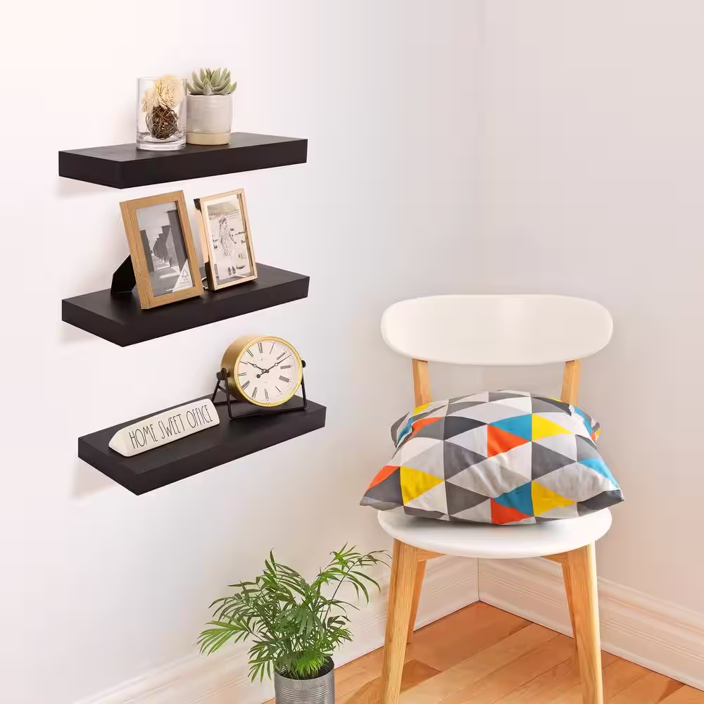 Sorbus 16.25 in. x 5.5 in. x 1.5 in.Black Wood Decorative Wall Shelves with Brackets