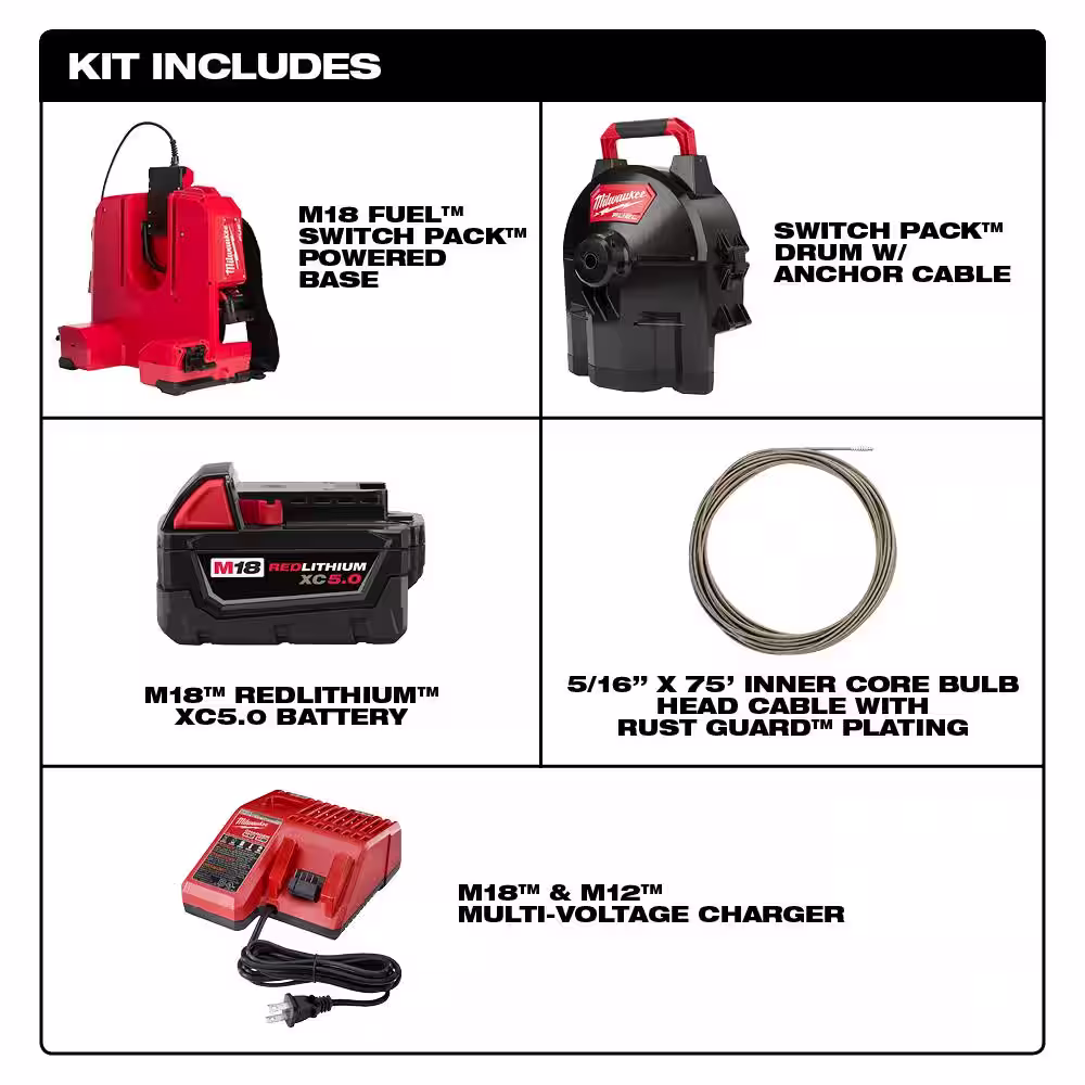 Milwaukee M18 Fuel 18V Lithium-Ion Cordless Drain Cleaning 5/16 in. Switch Pack Sectional Drum Kit with 8.0 Ah Battery