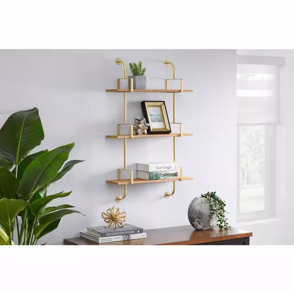 Home Decorators Collection Gold Metal and Natural Wood Wall Shelf (21 in. W x 34 in. H)