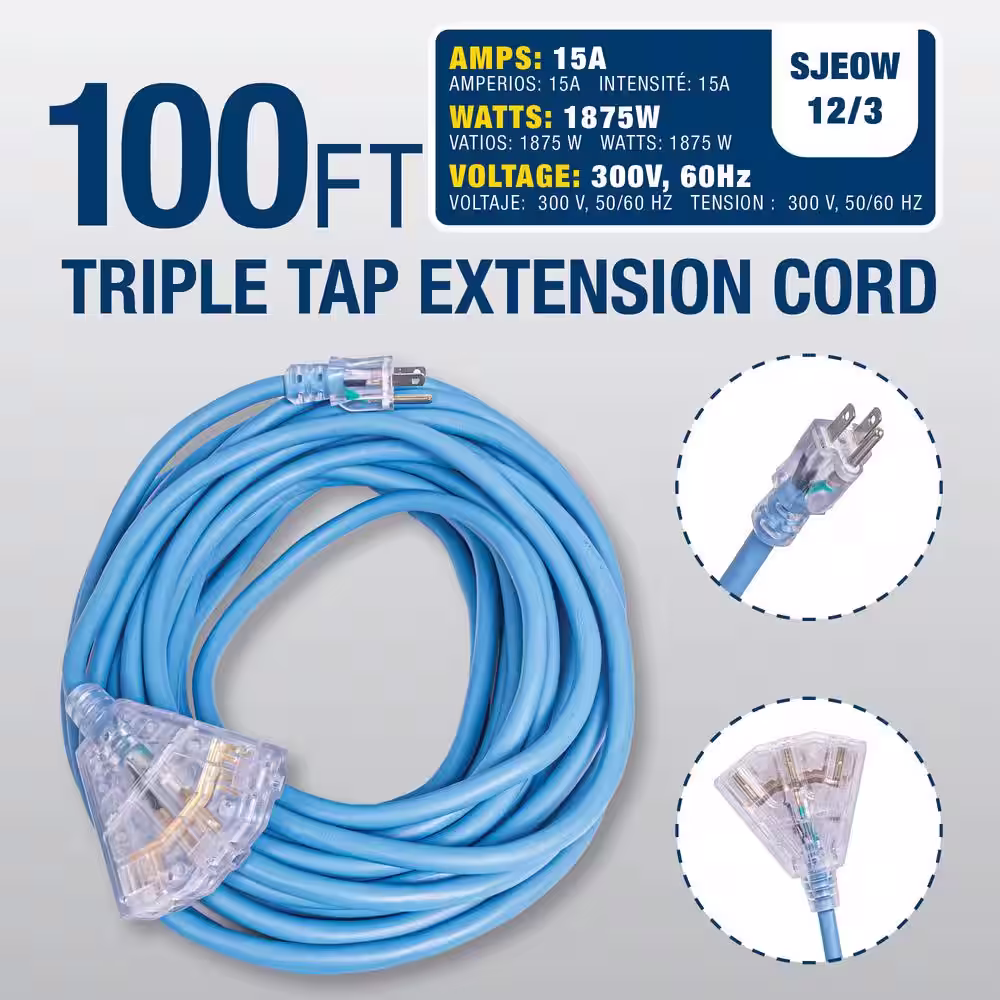 Bergen Industries 100 ft. 12/3 SJEOW 15 Amp/300-Volt All Weather Heavy-Duty Farm and Shop Extension Cord with Triple Tap Lighted End
