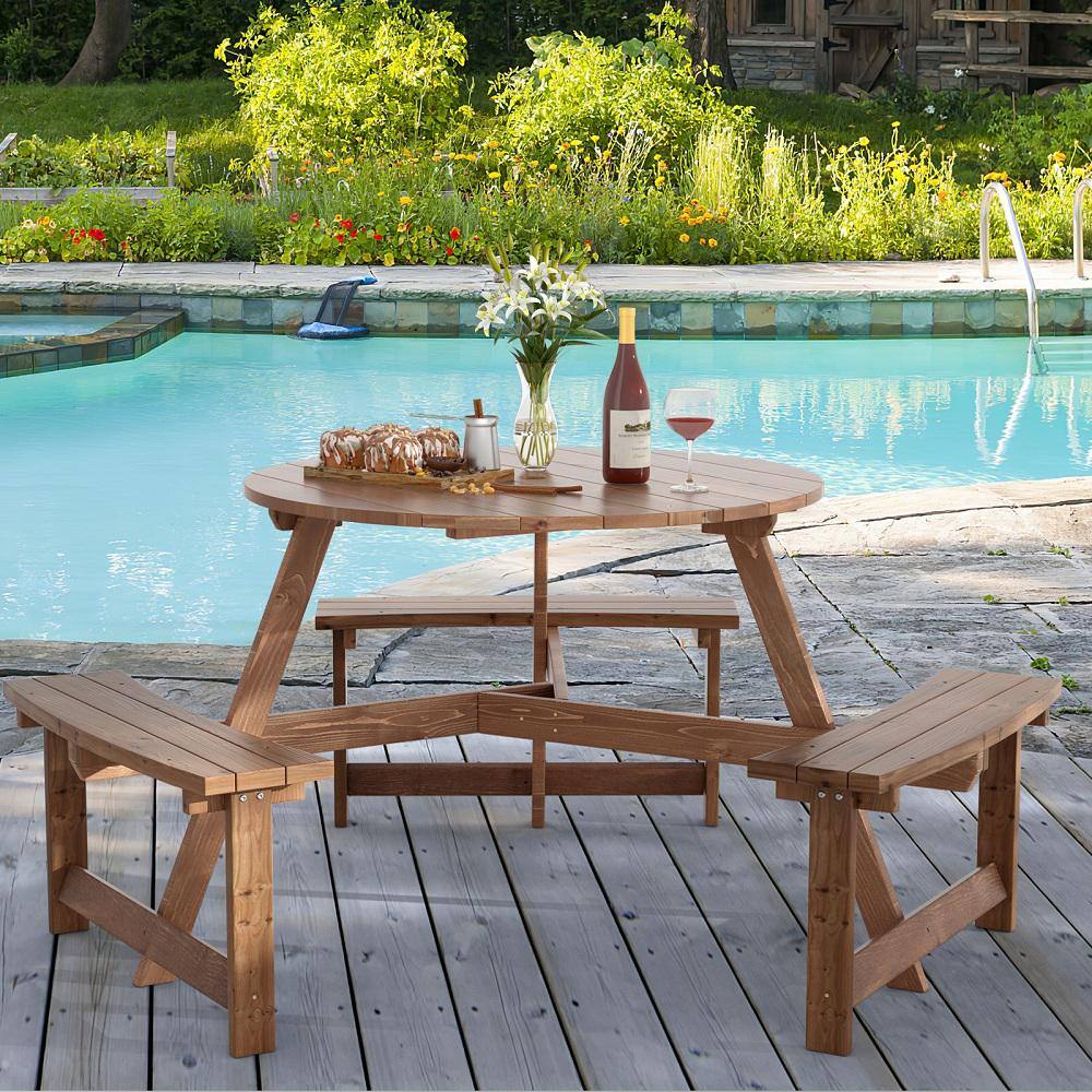 HONEY JOY 6-Person Wood Outdoor Picnic Table Circular Dining Table with Umbrella Holeand 3 Benches