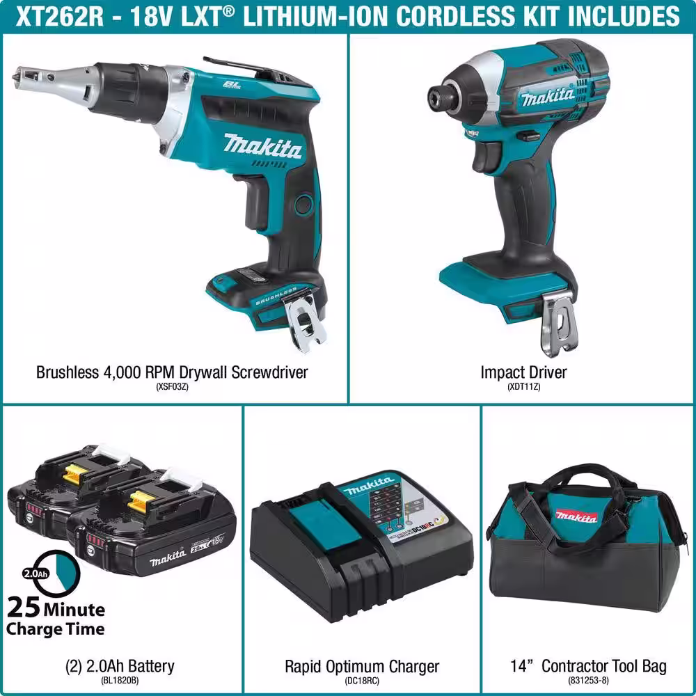 Makita 18V 2.0Ah LXT Lithium-Ion Compact Cordless Combo Kit (2-Piece) (Impact Driver/ Brushless Drywall Screwdriver)