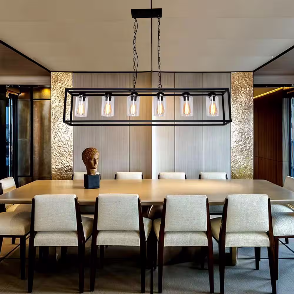 Magic Home 6-Light Farmhouse Kitchen Island Lighting Fixture Black Linear Pendant Chandelier with Clear Glass Shade