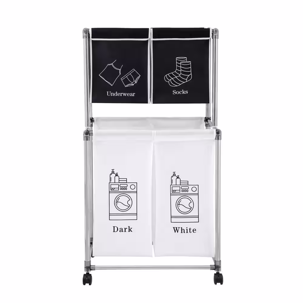 Kahomvis White 2-Tier Polyester Fabric Steel Framed Laundry Sorter Laundry Hamper with 4 Removable Bags and Wheels