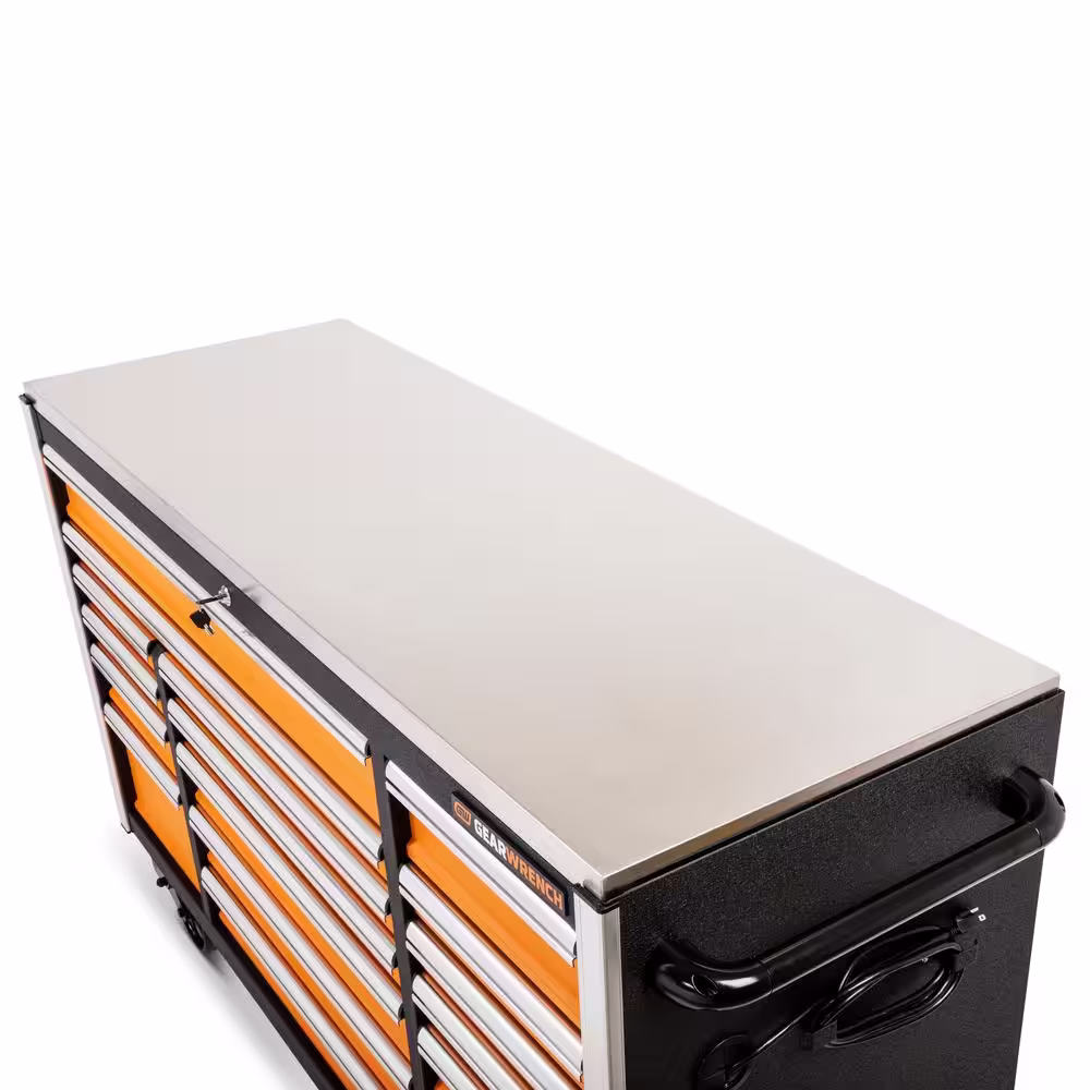 GEARWRENCH GSX 72 in. x 25 in. 18-Drawer Orange and Black Rolling Mobile Workbench Cabinet with Stainless Steel Worktop