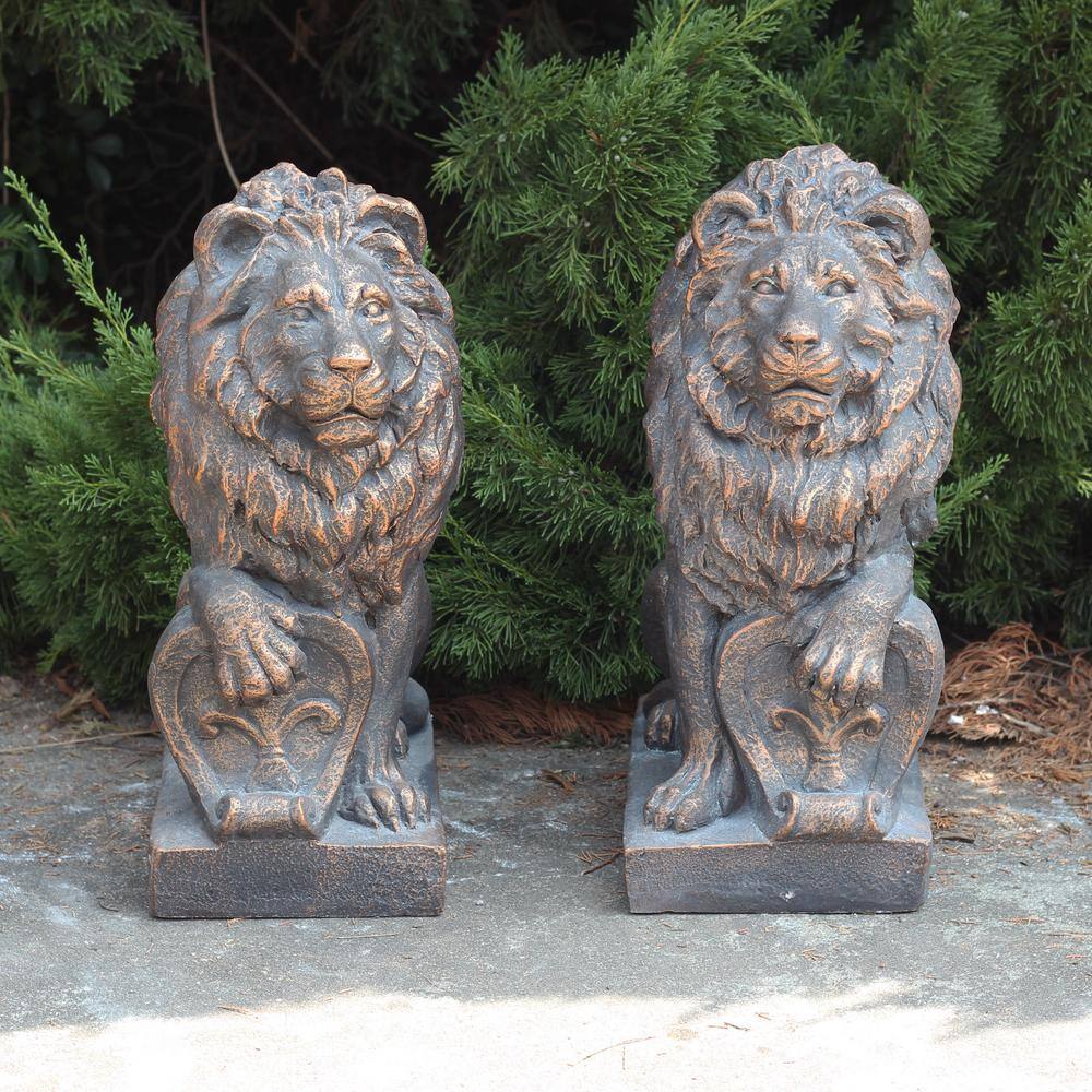 Zaer Ltd. International 21 in. Tall Bronze Magnesium Lion Sentry Garden Statues with Fleur-De-Lis Harold and Leo (Set of 2)