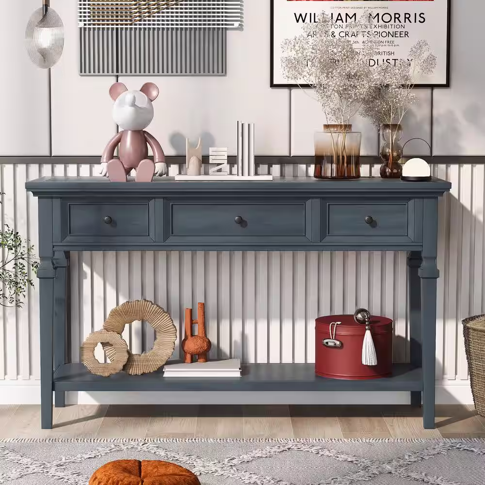 None Navy Blue 50 in. Rectangle Retro Console Table with 3-Drawers and Shelf Wood Entryway Sofa Table for Living Room