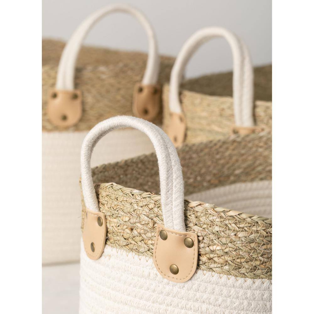 SULLIVANS 13 in., 12.5 in. and 10.5 in. White Woven Straw Baskets (Set of 3)