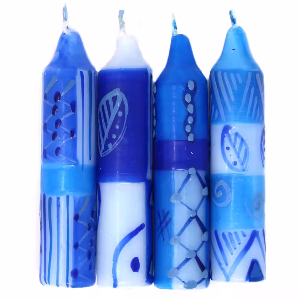 None Blue Feruzi Design Hand-Painted Dinner or Shabbat Candles (Set of 4)