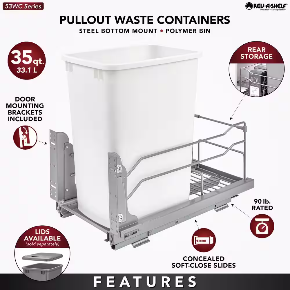 Rev-A-Shelf 18.9375 in. H x 10.875 in. W x 22.25 in. D Single 35 Qt. Pull-Out Silver Waste Container with Soft-Close Slides