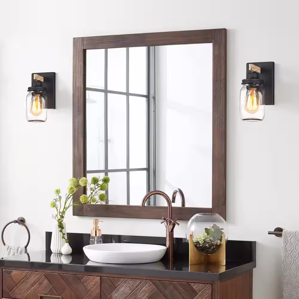 TRUE FINE Eliton 1-Light Black/Wood Tone Rustic Farmhouse Wall Sconce with Clear Mason Jar Glass Shades