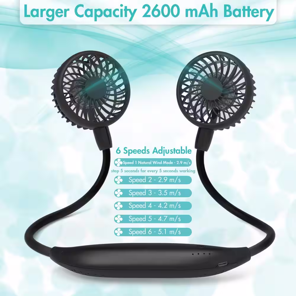 panergy 2600mAh Battery Portable Hands-2.4âFree Neck USB Black Fan, 360Â° Adjustable Personal Fan for Home Office Outdoor Travel