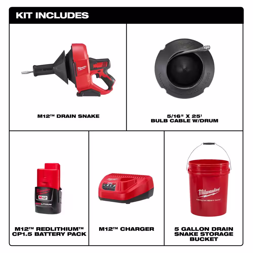 Milwaukee M12 12-Volt Lithium-Ion Cordless Auger Snake Drain Cleaning Kit and Cable