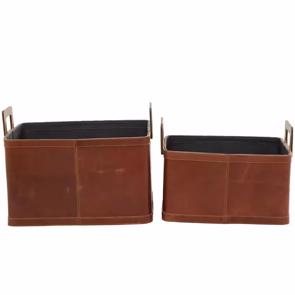 Litton Lane Leather Storage Basket with Handles (Set of 2)