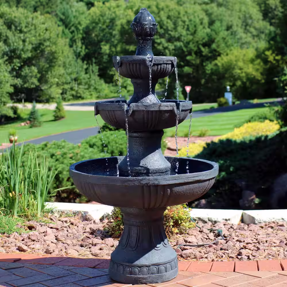 Sunnydaze Decor 43 in. 3-Tiered Flower Blossom Electric Fountain in Black