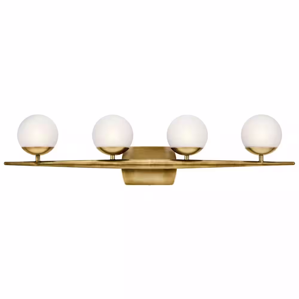 KICHLER Jasper 32.25 in. 4-Light Natural Brass Halogen Mid-Century Modern Bathroom Vanity Light with Etched Glass Shade