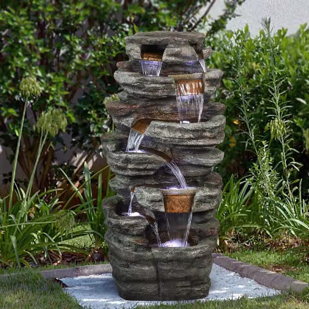 Watnature Resin Outdoor Garden Water Fountain - 48in. Tall 7-tier Large Outdoor Fountain with LED Light for Patio, Garden, Lawn