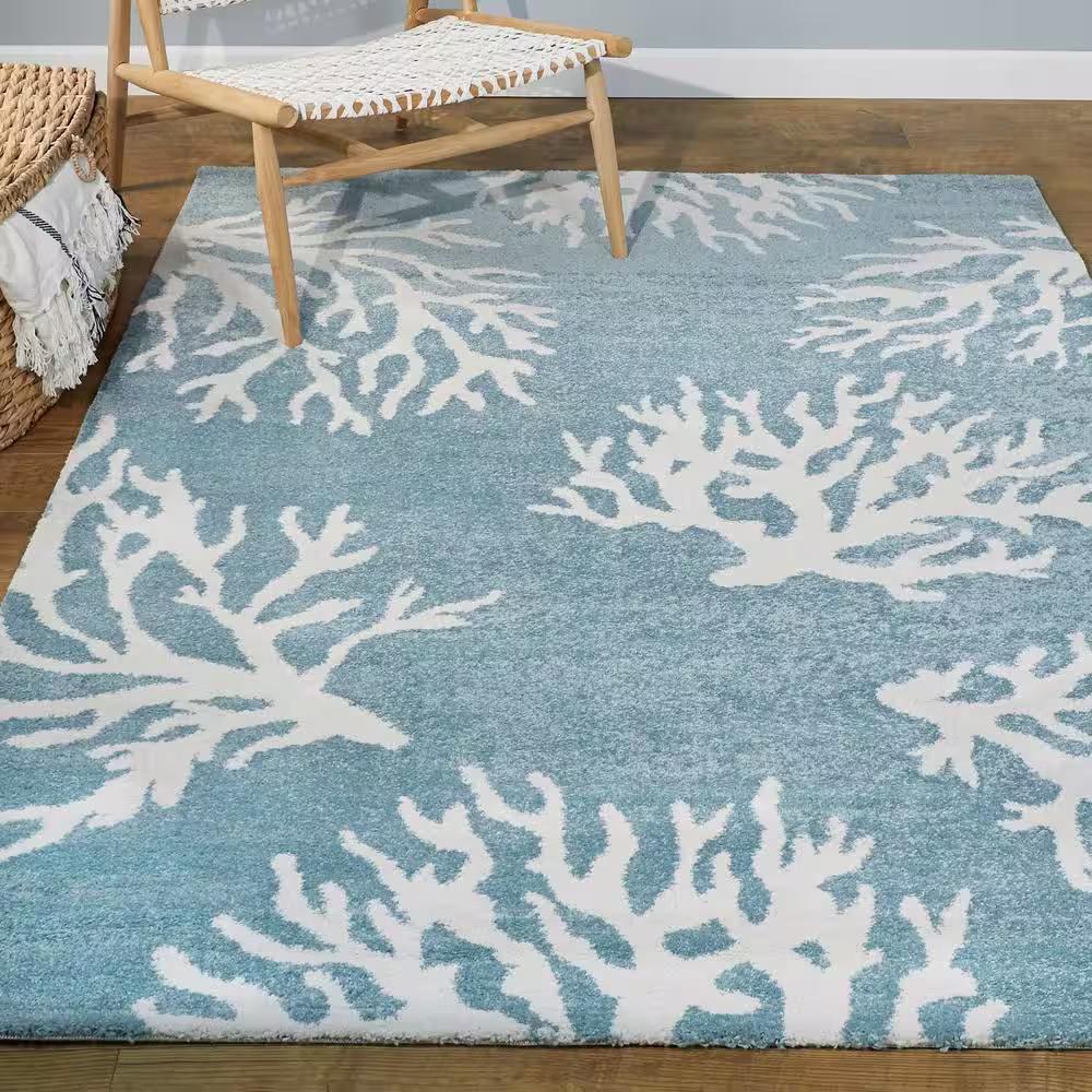 None Teal Ocean 8 ft. x 10 ft. Rectangle Coral Indoor/Outdoor Area Rug