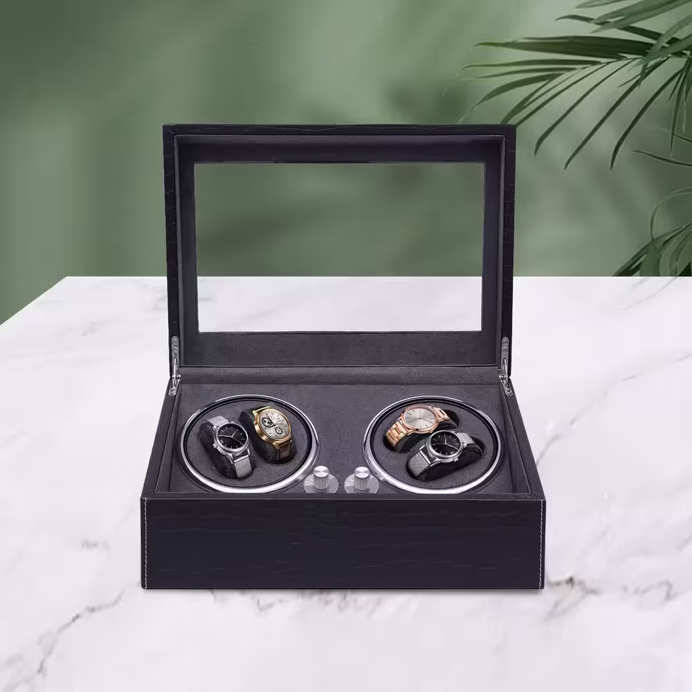 YIYIBYUS Rectangular Black PU Crocodile-effect Leather Automatic Watch Winder 4+6 Watch Storage with LED