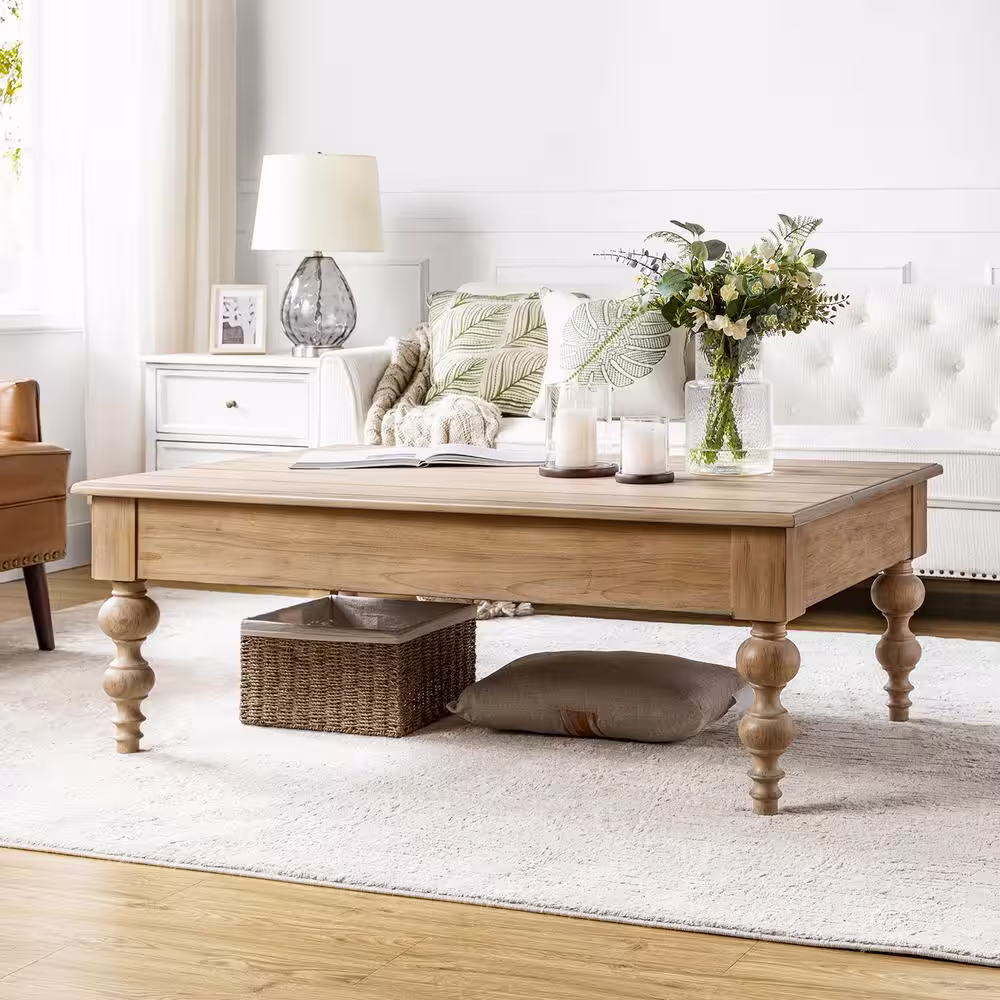 JAYDEN CREATION Emma 59.3 in. Natural Lift Top 4 Legs Coffee Table with Storage Shelf and Solid Rubber Wood Legs