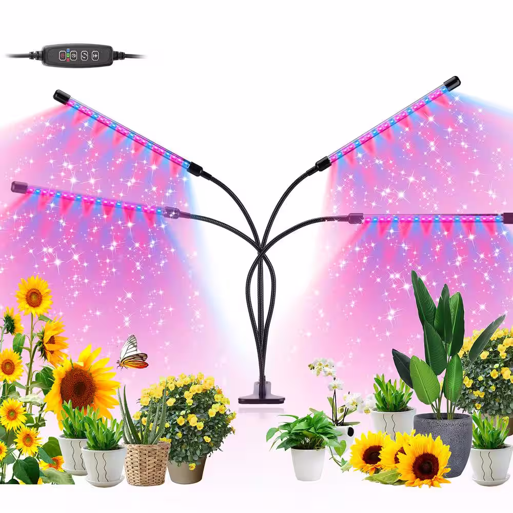 Homevenus 4-Heads Full Spectrum Clamp LED Grow Lights For Indoor Plants in Red and Blue Color Changing Light