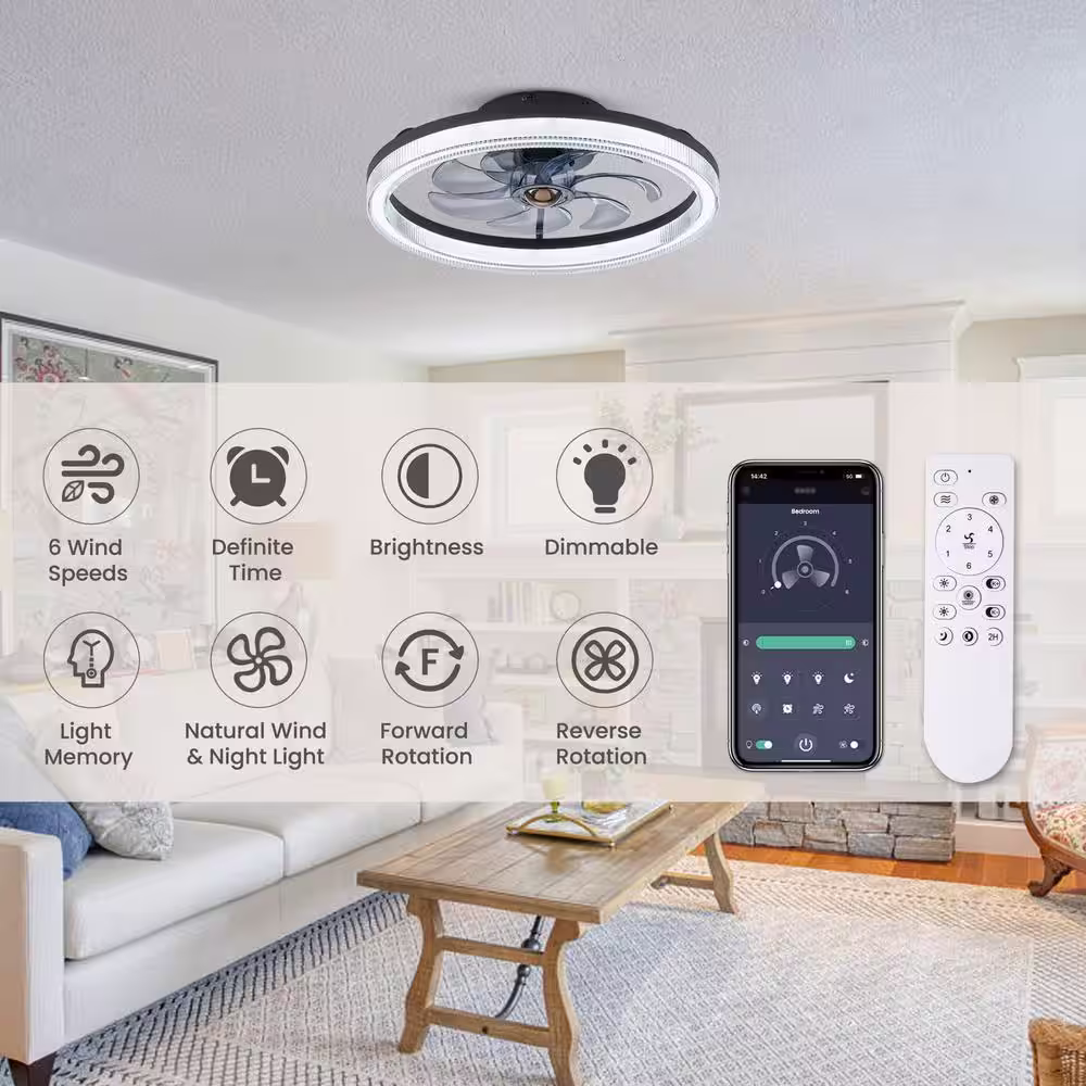 None 20 in. LED Indoor Black Low Profile Ceiling Fan with Dimmable Lighting Small Flush Mount Ceiling Fan with Remote