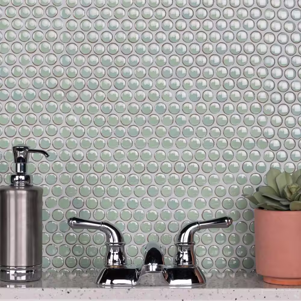 Merola Tile Hudson Penny Round Light Green 12 in. x 12-5/8 in. Porcelain Mosaic Tile (10.7 sq. ft./Case)