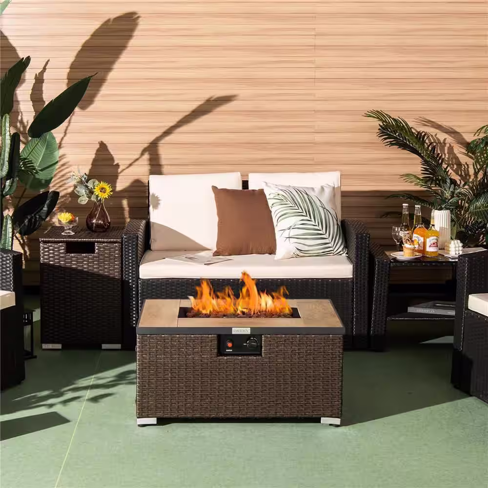 Costway 32 in.x 20 in. Propane Rattan Fire Pit Table Set w/Side Table Tank & Cover 40,000 BTU