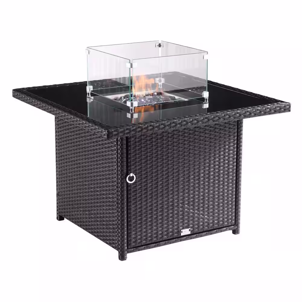 Oakville Furniture Hudson 36 in. X 36 in. Outdoor Square Brown Wicker Aluminum Propane Fire Pit Table In Tempered Glass W/Fire Glass