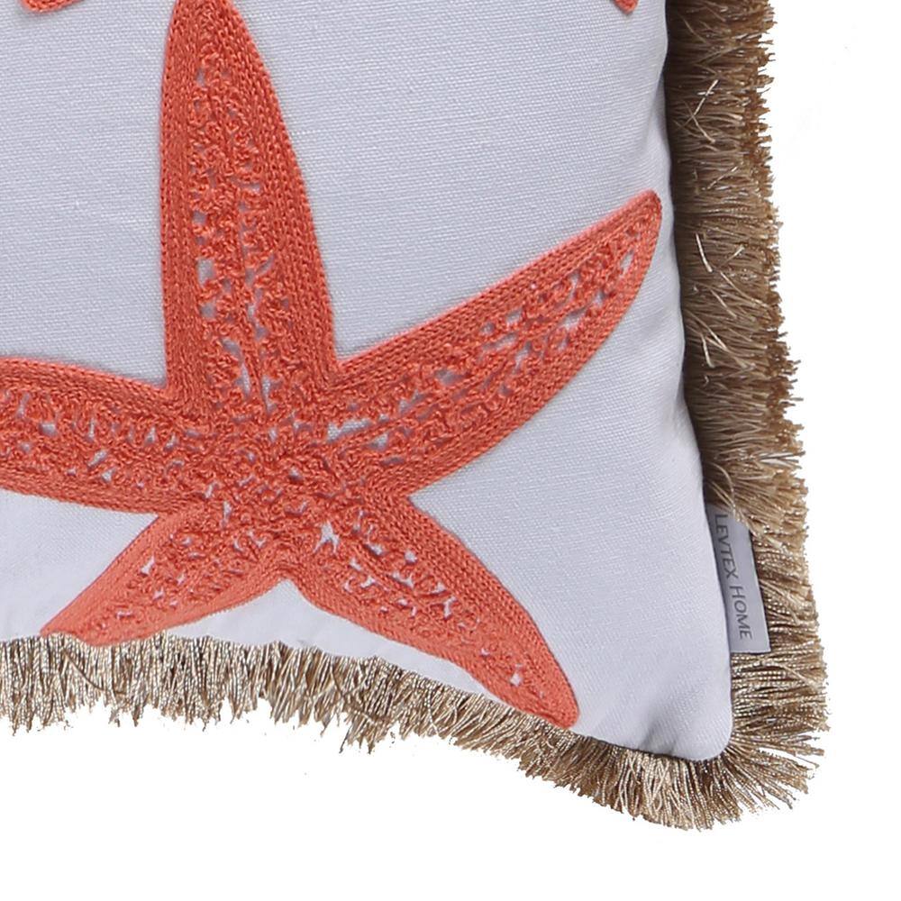 None Bakio White, Coral, Starfish Embroidered, Fringe Trim 18 in. x 18 in. Throw Pillow