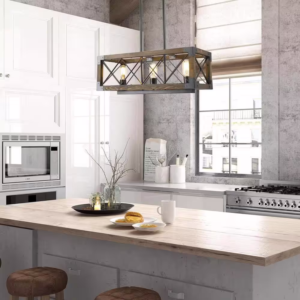 LNC Modern Farmhouse Black Island Chandelier 3-Light with Rectangular Wood Linear Cage Kitchen Dining Room Hanging Light