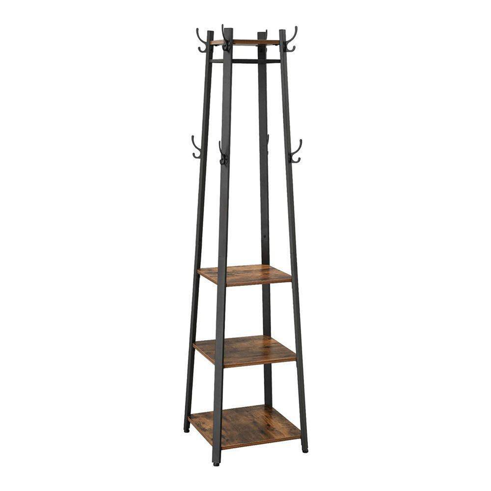 Benjara Brown and Black Metal Framed Ladder Style Coat Rack with Three Wooden Shelves