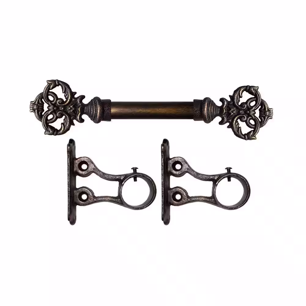 The Artifactory 5 ft. Fixed Length 1 in. Dia. Metal Drapery Single Curtain Rod Set in Antique Bronze with New Orleans Finial