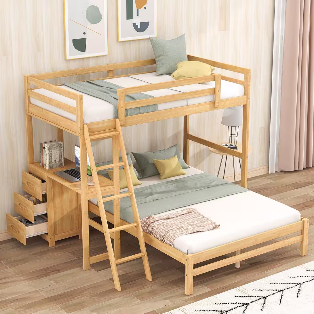 None Natural Wood Twin Over Full Bunk Bed with Desk and 3-Drawers Detachable Wood Kids Bunk Bed Frame with Inclined Ladder