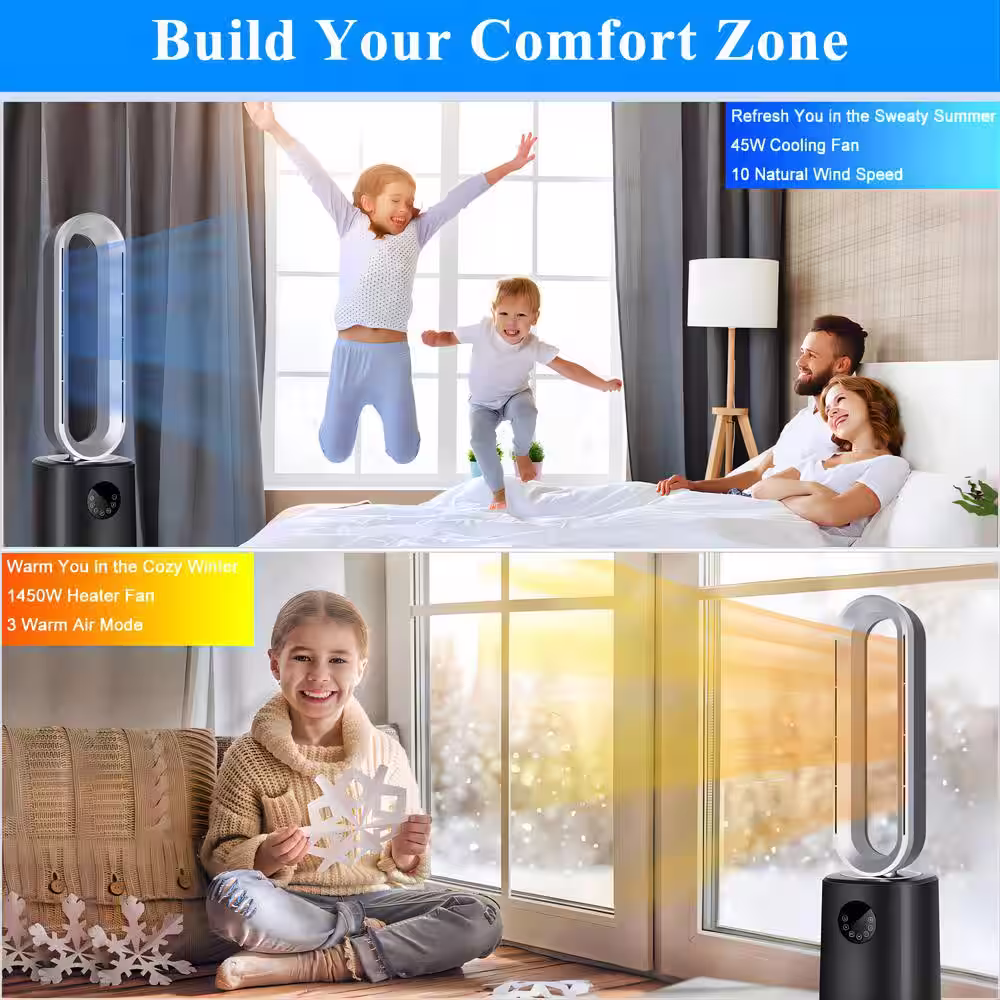 dubbin 35 in. Space Heater Bladeless Tower Fan, Heater and Cooling Air Purifier with Remote Control, Black