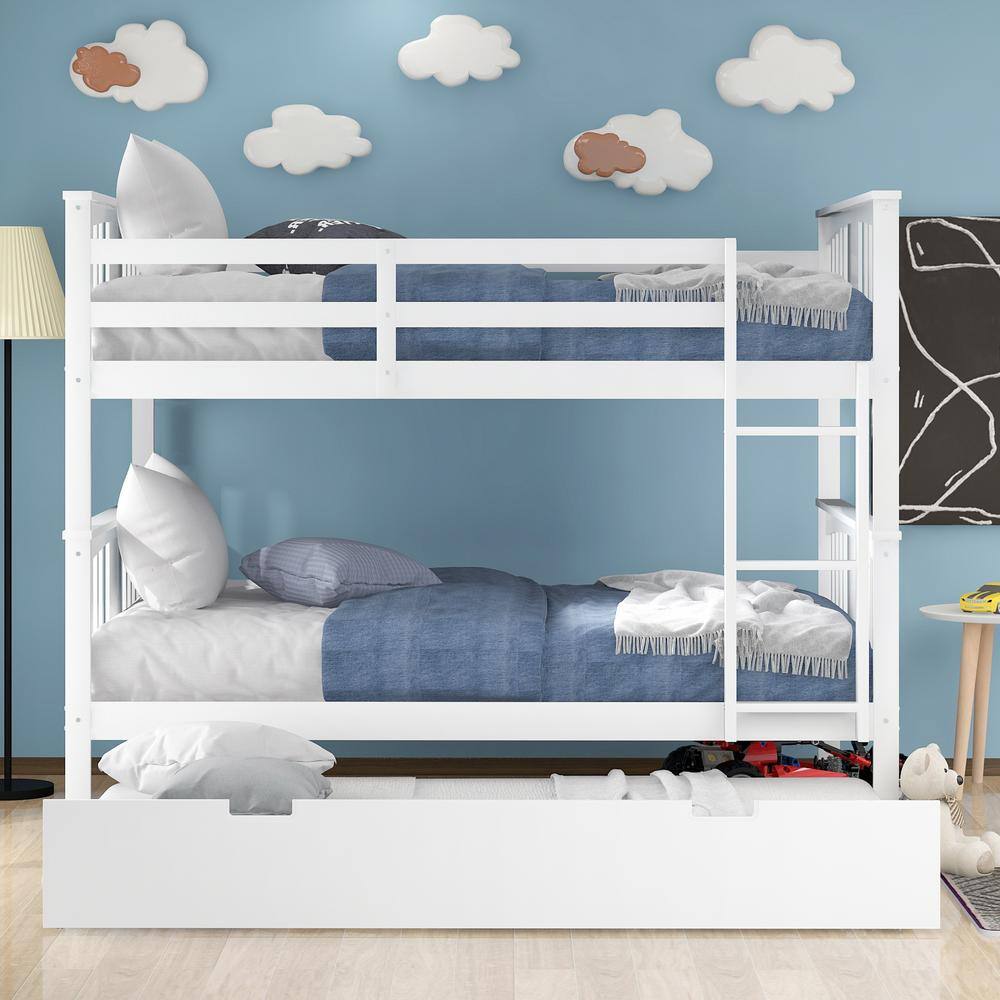 None White Full Over Full Bunk Bed with Twin Size Trundle, Detachable Full Size Solid Wood Kids Bunk Bed Frame with Ladder