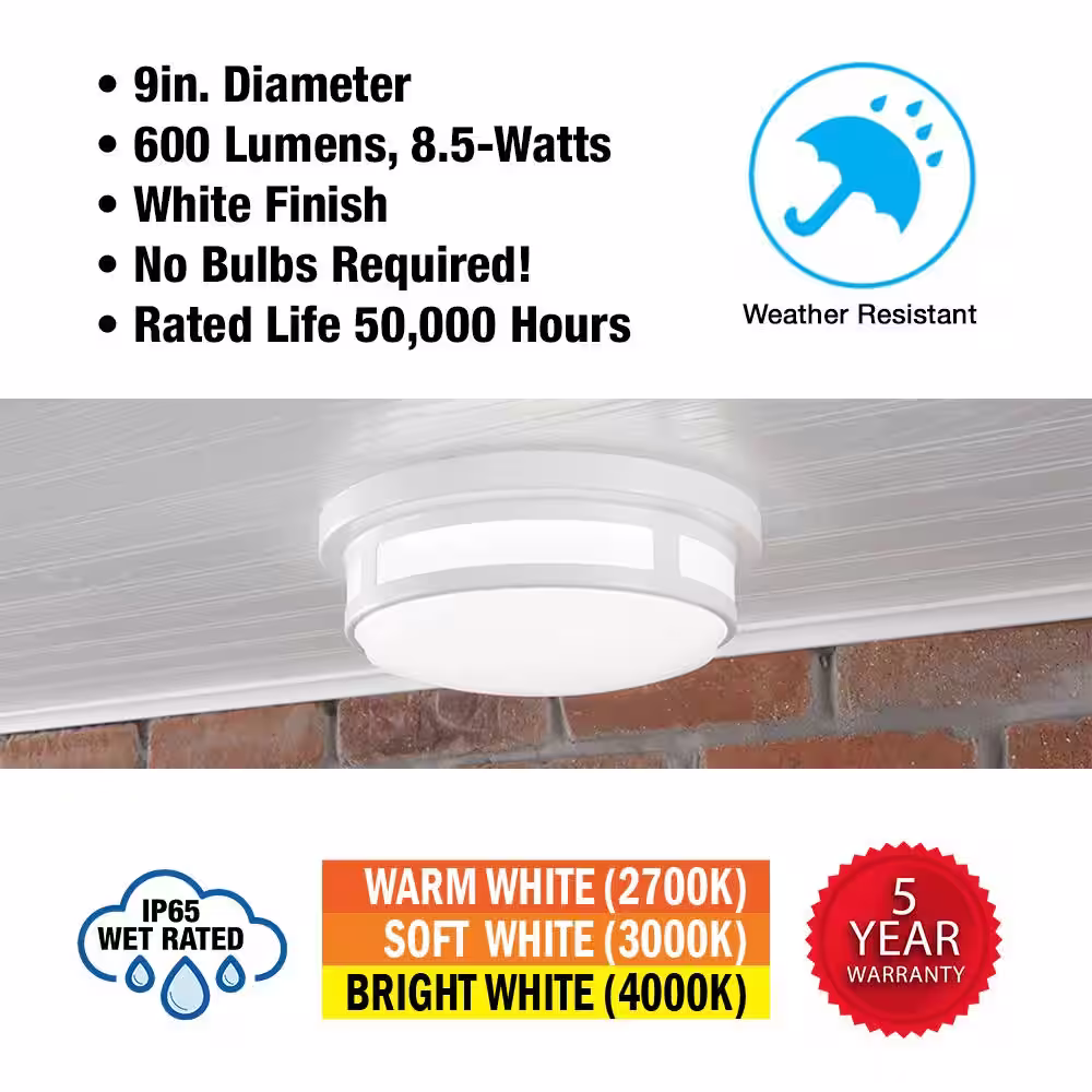 Hampton Bay 9 in. Round White Indoor Outdoor LED Flush Mount Ceiling Light Adjustable CCT 600 Lumens Wet Rated (4-Pack)