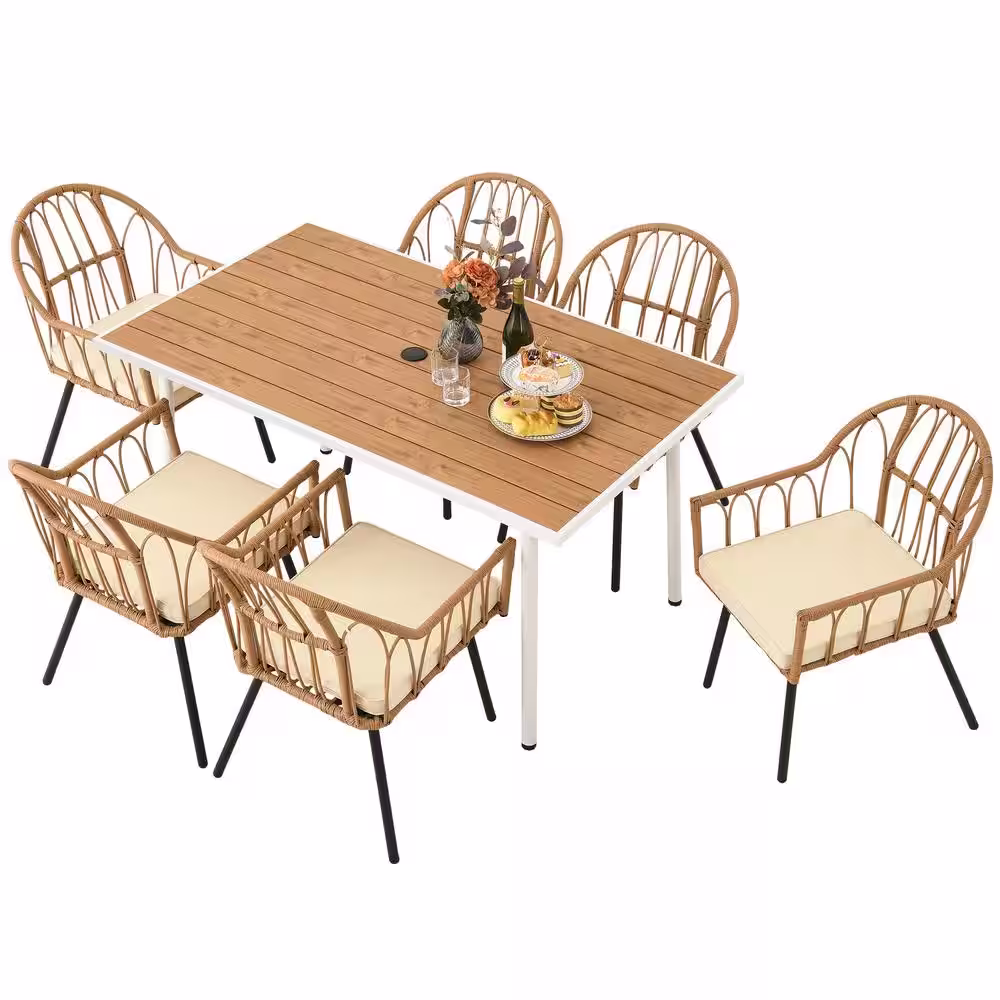 DEXTRUS 7-Piece Wicker Outdoor Dining Set with Rectangular Dining Table and 6 Yellow Rattan Dining Chairs with Beige Cushions